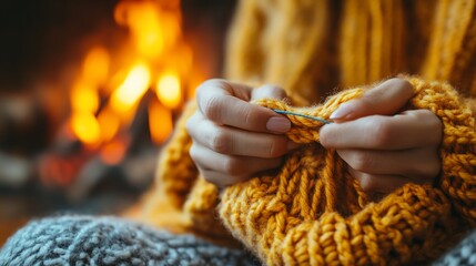 Cozy Winter Evening: Woman Knitting by a Fireplace