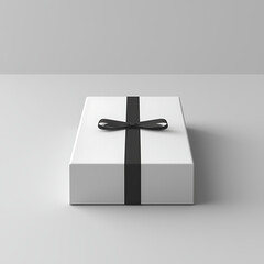 Obraz premium Elegant white gift box with black ribbon on a minimalist surface
