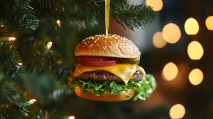 Festive hamburger with cheese and lettuce hanging on christmas tree branch
