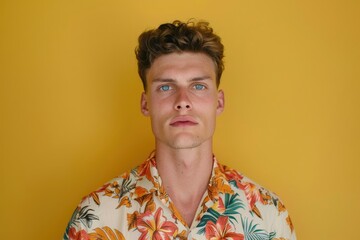 Fototapeta premium Young man on vacation in floral shirt relaxed expression.