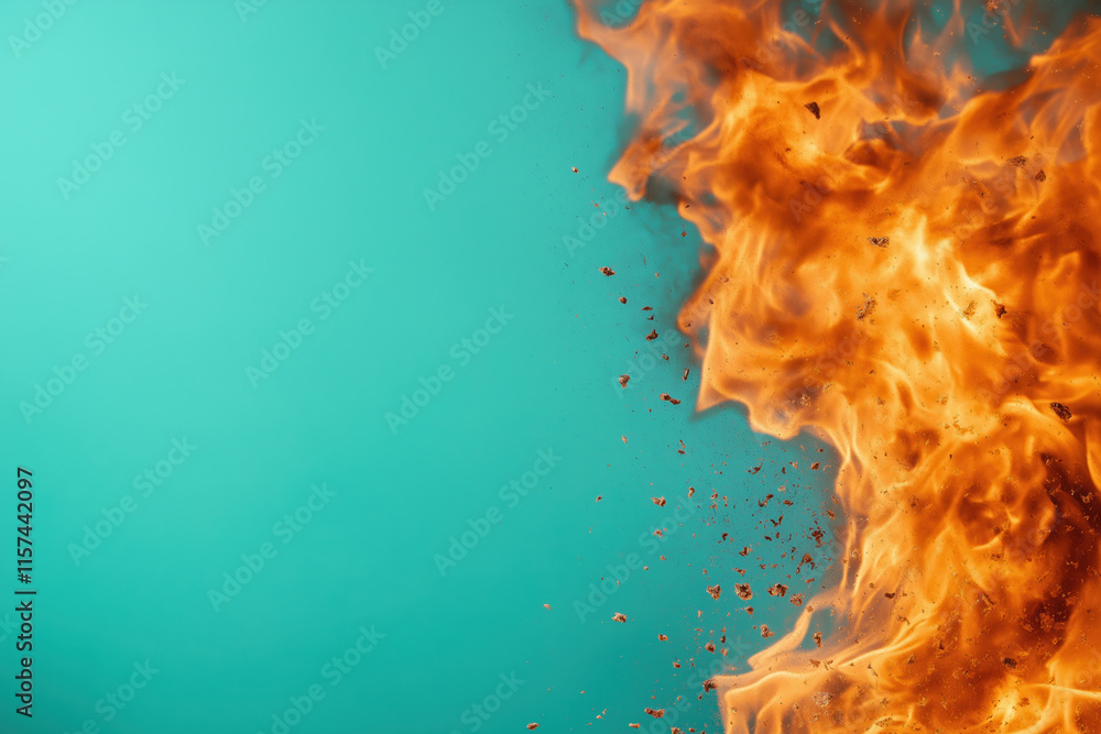 Poster vibrant flames and turquoise backdrop create striking visual contrast in dynamic display