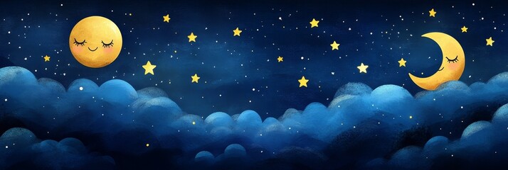Cute watercolor moons smiling in starry night sky, dreamy peaceful sleepy time children illustration