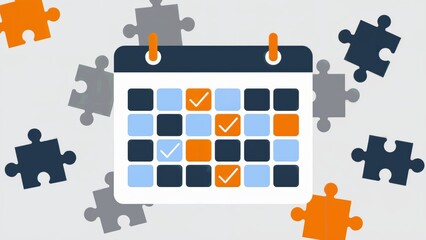 Calendar with puzzle pieces in blue and orange business planning concept