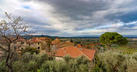 Panorama from the town square on the territory of the municipality of Castagneto Carducci Tuscany Italy