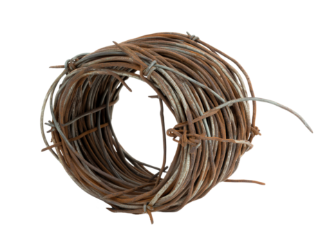 Old rustic barbed wire roll isolated on a white or transparent background, Cut out PNG