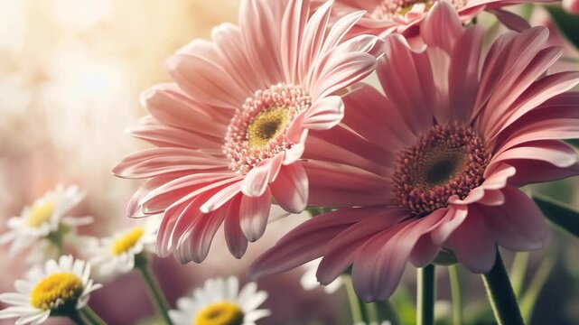 Vibrant pink gerbera daisies blooming in a garden surrounded by cheerful white daisies under soft sunlight