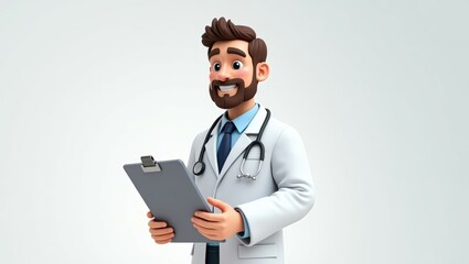 A male doctor smiling with a clipboard, conveying warmth and professionalism, ideal for healthcare and medical promotions