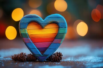 Fototapeta premium On a table, a colorful heart artfully crafted from various wooden sticks is placed next to some charming pine cones, creating a lovely scene. Rainbow-themed Valentine’s decorations