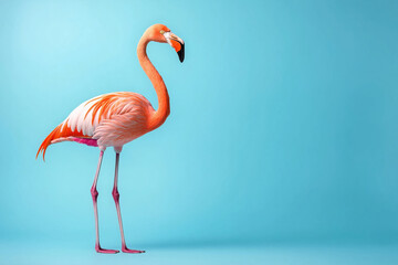 Fototapeta premium Pink flamingo standing gracefully against a bright blue background with vibrant colors