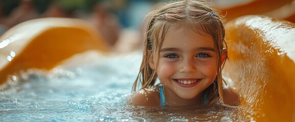 Happy Little Girl Enjoying Water Slide at Summer Water Park