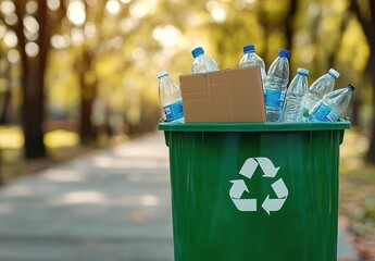  Green recycling bin with cardboard and plastic bottles on a blurred background of a park in daylight