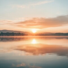 Obraz premium Calm sunrise over still lake reflecting golden light.
