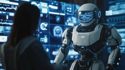 An AI robot interacting with a user in a futuristic workspace filled with dynamic graphics.