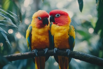 Two colorful sun conures perched on a branch in lush greenery