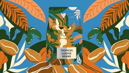 Tropical coffee packaging design with exotic leaves and wildlife in vibrant colors