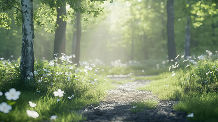 Obraz premium Sunlit forest path with white wildflowers.