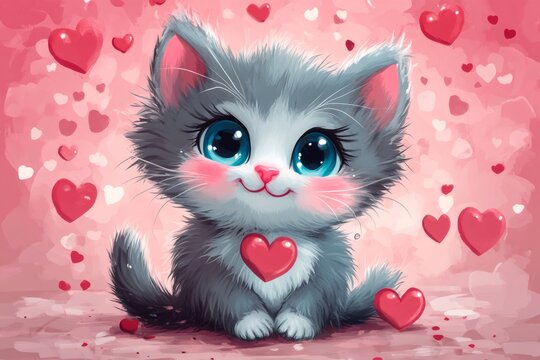 Adorable grey kitten embracing love on valentine's day