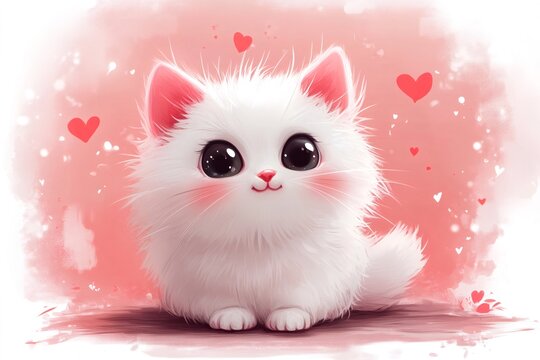 Adorable white kitten embraces valentine's day with rosy background and hearts