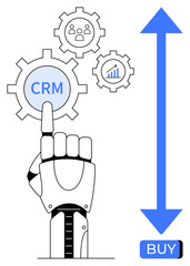 Robotic hand touching CRM gear, accompanied by user and graph icons, blue up-down arrow, and BUY button. Ideal for business technology, CRM, digital marketing, automation, ecommerce, AI, sales