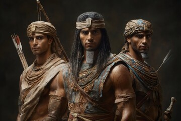 Naklejka premium Three egyptian warriors posing together with traditional attire