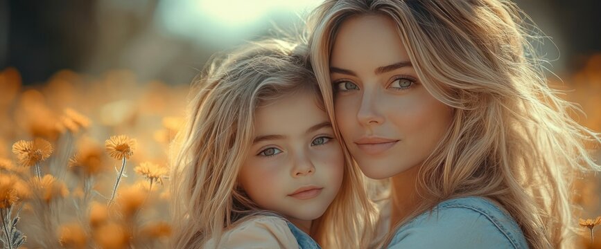 Tender Embrace Mother and Daughter in a Field of Flowers