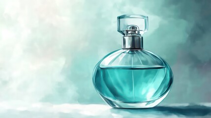 Glass perfume bottle with atomiser. Perfumery. A jar of scented water. Luxury and sophistication. Spa and aromatherapy. Illustration for a cover, postcard, brochure or advert.
