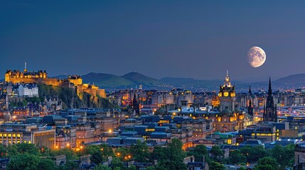 Night cityscape view of Edinburgh Castle and city skyline under a large moon.