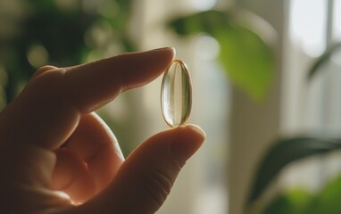 A close-up of a hand holding a clear capsule of fish oil, with the soft background focusing on the gentle textures and natural hues that highlight the health benefits of the supplement. 