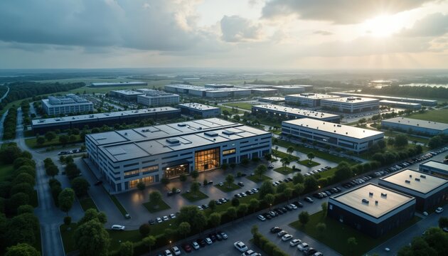 Aerial view of industrial estate. Modern office buildings research centers, production facilities visible. Green plants, parking lots present. Tranquil ambiance. Calm area. Scenic industrial