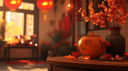 In the lively atmosphere of Chinese New Year, The scene exudes warm tones, creating a festive ambiance filled with joyous laughter. Done in an anime style with high detail.Side view.blender,c4d,octane