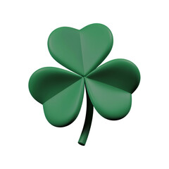 A 3D render of a cartoon-style, minimalist three-leaf clover. The clover is isolated on a transparent background.
