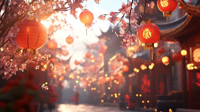 In the lively atmosphere of Chinese New Year, The scene exudes warm tones, creating a festive ambiance filled with joyous laughter. Done in an anime style with high detail.Side view.blender,c4d,octane
