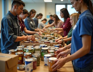 Group of volunteers sorts food donations in community charity center. Many people work together. Pack jars, cans in boxes. Indoor setting. Volunteers preparing food for in need. Charity work. People