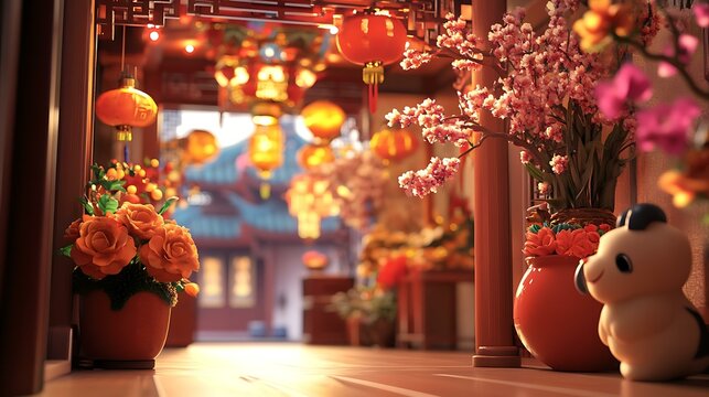In the lively atmosphere of Chinese New Year, The scene exudes warm tones, creating a festive ambiance filled with joyous laughter. Done in an anime style with high detail.Side view.blender,c4d,octane