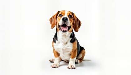 Playful beagle puppy sits happily in studio setting. Cute dog poses with joyful expression on white backdrop. Image perfect for pet lovers, dog lovers, pet products ads, websites promoting animal