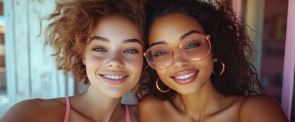 Fototapeta premium Two Diverse Young Women Smiling Together, Close-Up Portrait