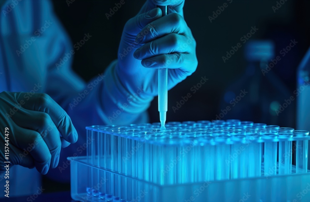 Poster Scientist in lab coat uses pipette to transfer liquid into test tubes. Experiment process in advanced medicals tech lab. Precision handling in scientific research. Researchers use protection