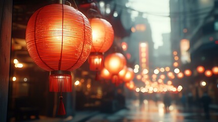 Naklejka premium Close-up of multiple red paper lanterns under the eaves at the street corner during the day. Ultra wide view shot,16K,high resolution,ultra-detailed,clean background,symmetrical composition,depth