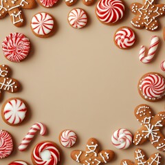 Frame Christmas background with copy space: A whimsical circular frame of gingerbread cookies and peppermint candies, on a beige background.
