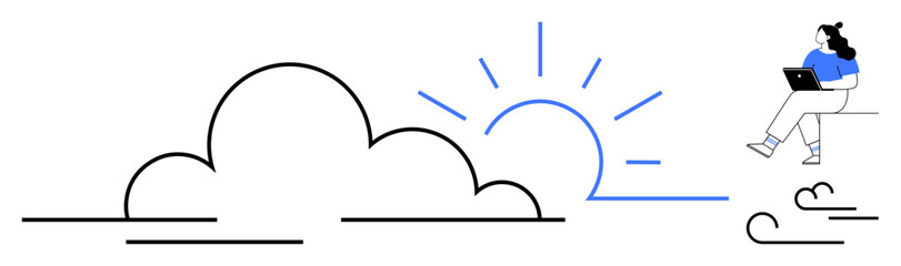 Woman sitting with laptop, surrounded by minimalist line art of a cloud and sunset. Ideal for technology, remote work, nature, minimalism, freelance, creativity, and productivity themes. Line