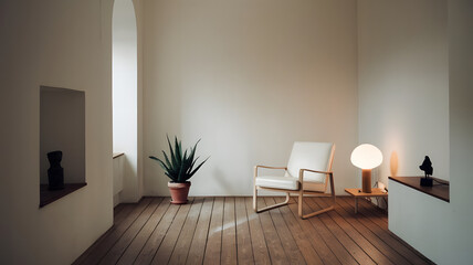 Fototapeta premium A photo of a simple minimalist room. The room has a wooden floor and white walls.