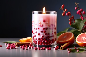 Luxurious candle setting with colorful petals, fruits, and aromatic spices. Great for enhancing relaxation, promoting wellness, and creating inviting home ambiance.