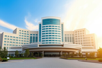 Obraz premium Modern hospital building in bright daylight showcasing advanced architecture