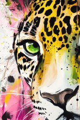 Vibrant leopard portrait in abstract art style, showcasing bold colors and expressive brush strokes, perfect for wildlife enthusiasts and decor inspiration.
