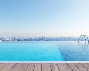 Fototapeta premium Modern rooftop pool with panoramic view, wooden deck, cityscape in the distance, bright daylight, serene water surface