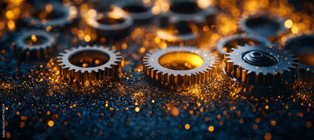 Poster golden gears a close-up of interlocking cogwheels illuminating a sparkling industrial setting