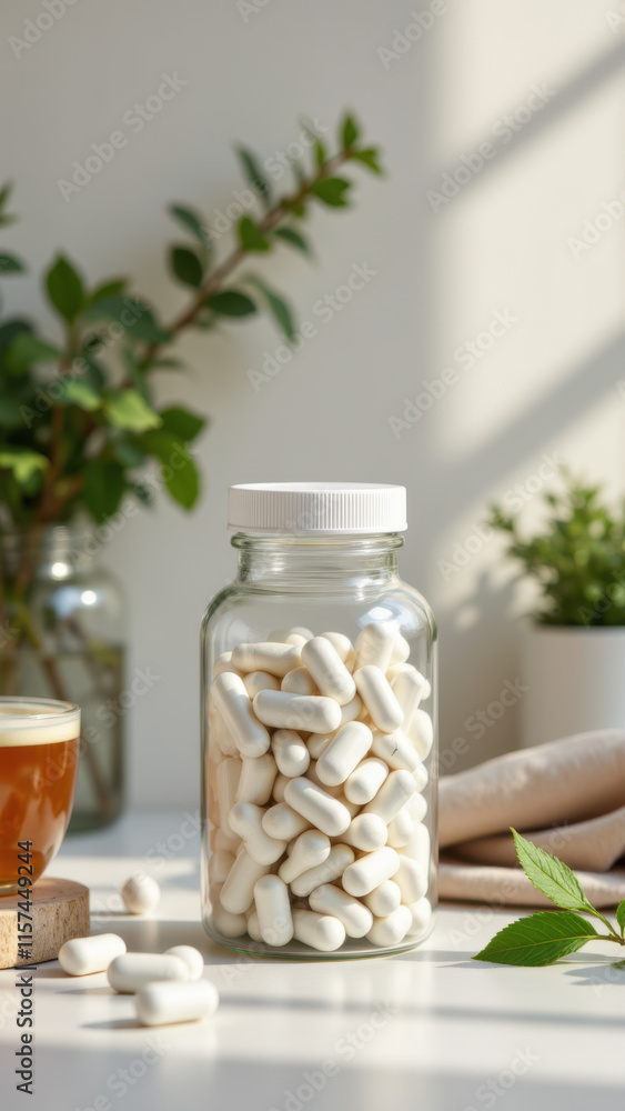 Poster magnesium supplements displayed on a desk with a glass jar and additional capsules scattered around.