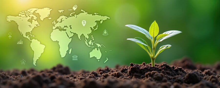 Global eco sustainability concept. Young plant grows from soil. World map with icons show global eco strategy. Eco friendly business success. Growth, responsibility concept. Company culture.