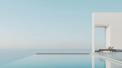 Fototapeta premium Contemporary rooftop pool at a beachfront home, water blending into the horizon, minimal furniture, warm evening light