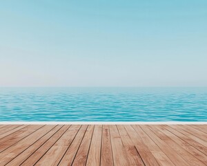 Obraz premium Infinity pool on the rooftop of a beachfront home, wooden deck with simple seating, ocean view stretching to the horizon